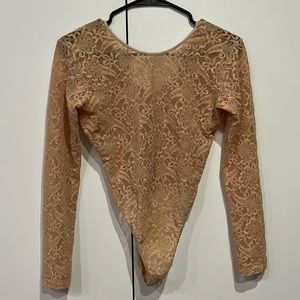 Cream lace long sleeve body suit thong